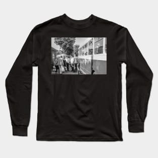 Vintage bus collecting passengers in the Norfolk town of Sheringham Long Sleeve T-Shirt